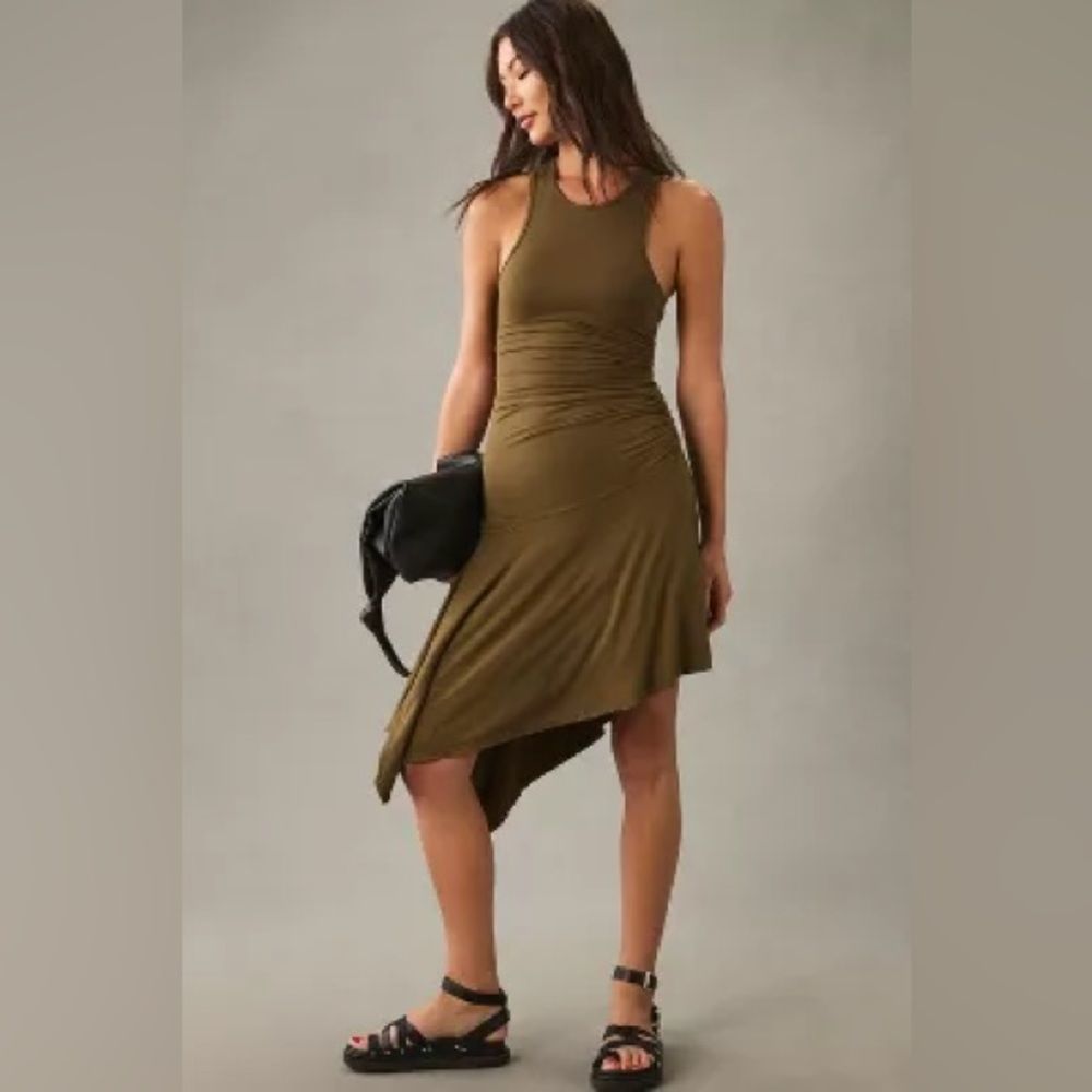 Anthropologie Olive Green Asymmetrical Midi Dress